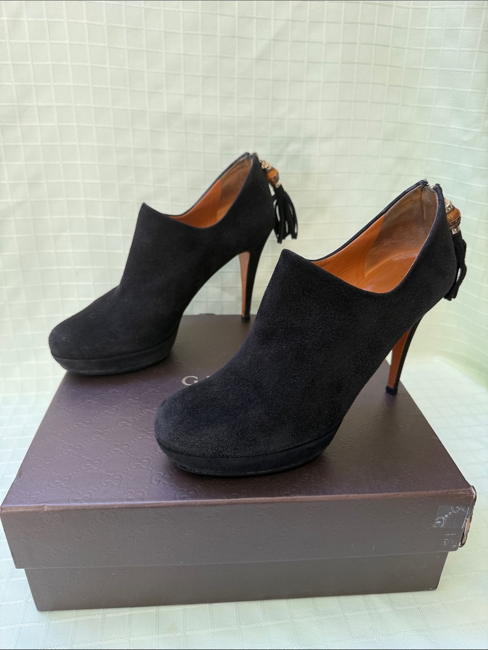 Gucci Black Suede Platform Stiletto Booties with Decorative Tassel Detail in Box